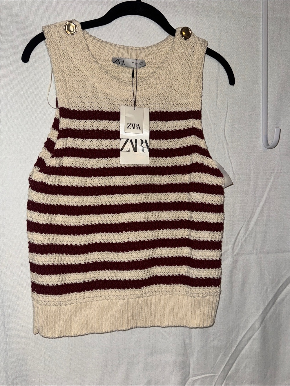 ZARA Cream and Burgundy Striped Knit Sleeveless Vest